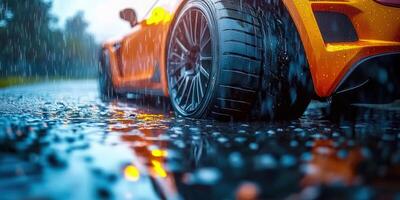 A sleek orange sports car is captured in a moment of rain, glistening from water droplets on a wet road. photo