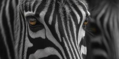 Intense close-up portrait of a zebra, emphasizing its striking eye and captivating gaze. photo