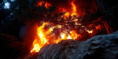 A raging forest fire engulfs trees, creating a dramatic scene of destruction with intense flames and smoke. photo