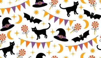 Seamless cute Halloween pattern with lollipop, witch hat, black cat, buntings, tiny stars on white background. vector