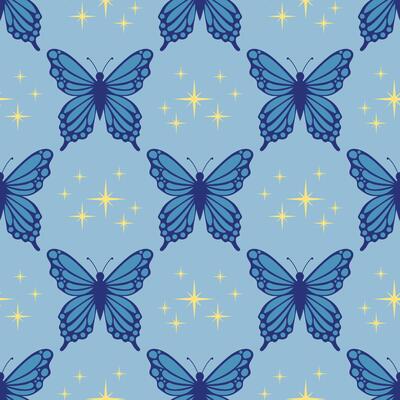 Seamless pattern with blue butterfly and tiny star in polka dot order in flat cartoon style.