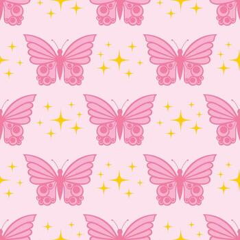 Seamless pattern with pink butterfly and tiny star in polka dot order in flat cartoon style. vector