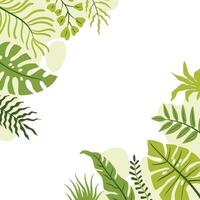 Flat cartoon style square poster with corner border of tropical leaves and branches and organic shapes. vector