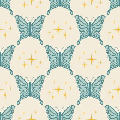 Cartoon flat seamless pattern with pastel blue butterfly and star in polka dot order.