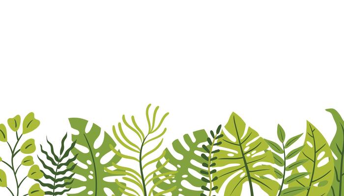 Tropical leaves and branches form a colorful flat cartoon border on a horizontal card.