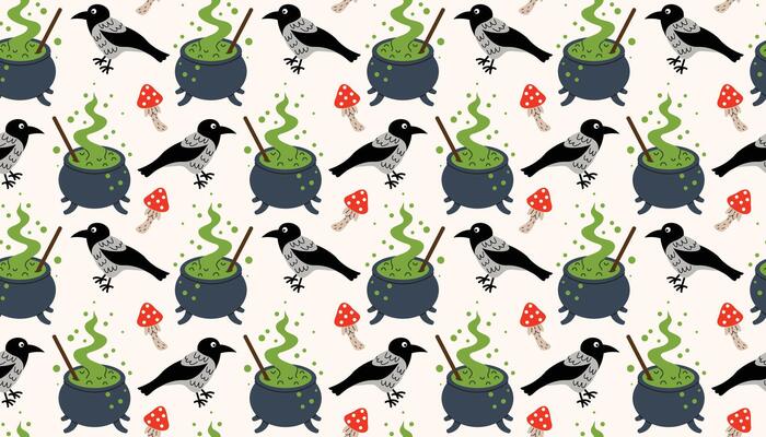 Fun seamless Halloween pattern with bubbling cauldrons, dark ravens, and red fly agarics.