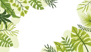 Flat cartoon style horizontal card framed in corners with tropical leaves and branches, and organic shapes. vector