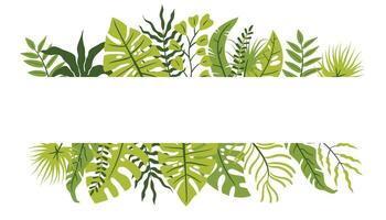 Horizontal poster with tropical leaf border in flat cartoon style. vector