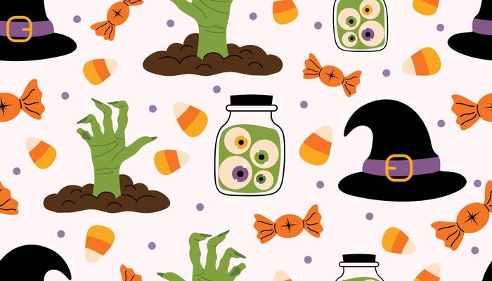 Cute Halloween seamless pattern with zombie hands, eyeballs in bottles, candy corns, lollipops, witch hats and dots in flat cartoon style.