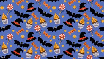 Halloween pattern with bats and candies vector