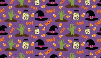 Halloween pattern with candy and witch accessories vector