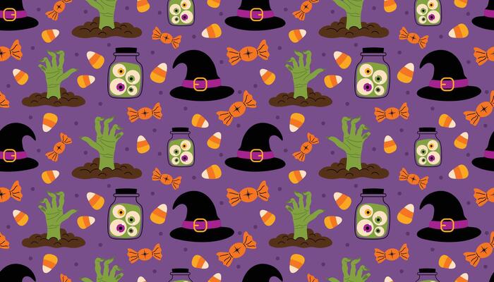 Colorful seamless Halloween pattern with zombie hands, eyeballs in the bottle, candy corns, sweets, witch hats and dots