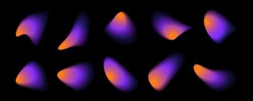 Ten abstract, blurry shapes in shades of violet and orange appear against a black backdrop. The shapes resemble droplets or fluid forms, exhibiting smooth color gradients. vector