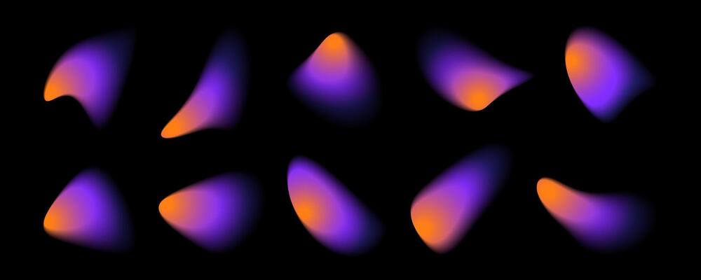 Ten abstract, blurry shapes in shades of violet and orange appear against a black backdrop. The shapes resemble droplets or fluid forms, exhibiting smooth color gradients.