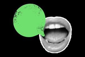 Retro collage with cut out female lips featuring a halftone effect alongside a speech bubble that has a grunge dirt texture. vector