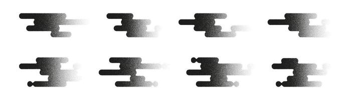 Set of linear Japanese clouds with noise texture. Abstract illustrations of eight black grainy shape designs fading to white over a plain white background in a horizontal row pattern. vector