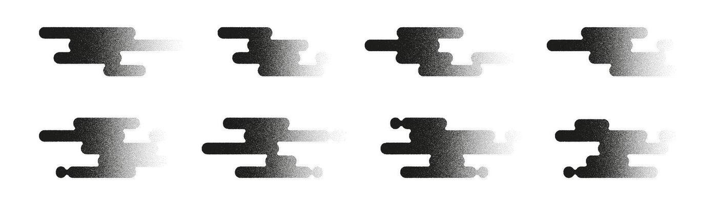Set of linear Japanese clouds with noise texture. Abstract illustrations of eight black grainy shape designs fading to white over a plain white background in a horizontal row pattern.