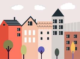 Flat City Street with Minimal Colorful Houses and Trees vector