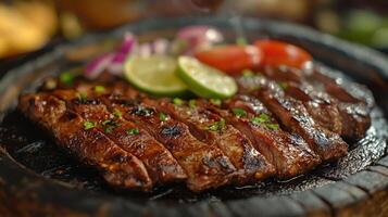 Delicious grilled steak with lime and herbs. photo