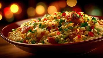 Flavorful rice dish with herbs and spices in a bowl. photo