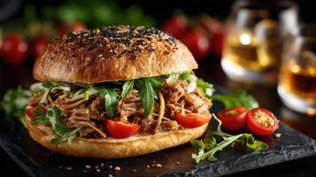 Delicious BBQ pulled pork burger with fresh greens and tomatoes. photo