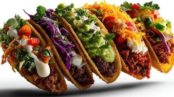 Colorful tacos with various toppings, a vibrant and delicious display. photo