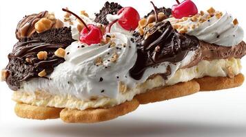 Layered ice cream pie with whipped cream and cherries. photo