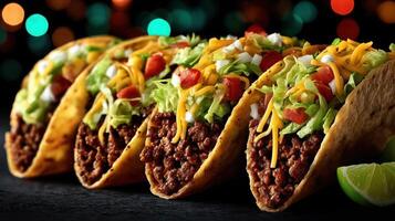Delicious tacos with ground beef, cheese, and lettuce. photo