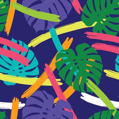 Abstract Floral seamless pattern with monstera leaves, brush strokes tropical background