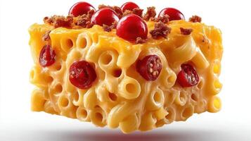 Close-up of mac and cheese pizza with pepperoni and breadcrumbs. photo