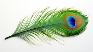 Vibrant peacock feather with iridescent colors. photo