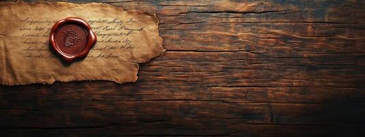 Vintage scroll with red wax seal on wooden background. photo