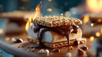 Warm s'more with melted chocolate and toasted marshmallow. photo