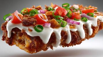 Crispy dish with creamy sauce, bacon, tomatoes, and chives. photo