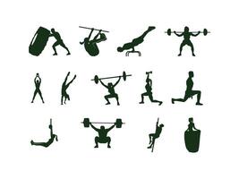 Dynamic crossfit silhouettes set showcasing active fitness exercises, workout poses, gym training, sports actions and athlete movements for health illustrations vector