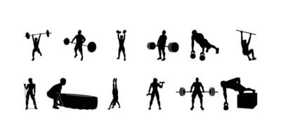 Set of gym fitness icons in silhouette style, showcasing workout poses, exercise gear, and healthy lifestyle visuals perfect for sports infographics and training applications vector