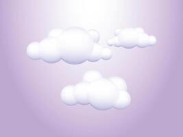 3D violet cloud set, in the blue sky. Cartoon cute clouds in bubble shape. Plasticine 3d weather icons, render style vector