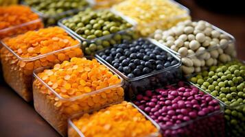 Colorful lentils in containers, showcasing variety and texture. photo