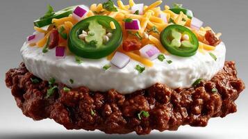 Layered dish with ground meat, cream, cheese, and jalapenos. photo