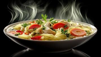 Warm chicken noodle soup in a bowl, garnished with herbs. photo