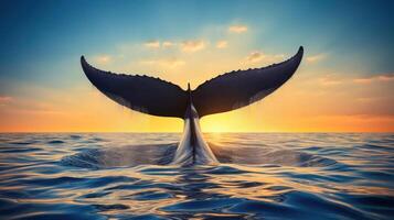 Whale tail breaking the surface at sunset. photo