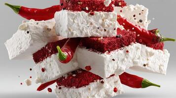 Stacked feta cheese with chili flakes and red pepper. photo