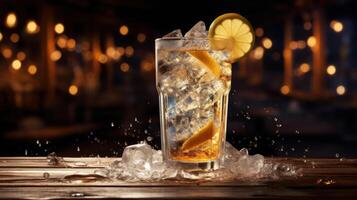 Iced citrus drink with ice and lemon slice. photo