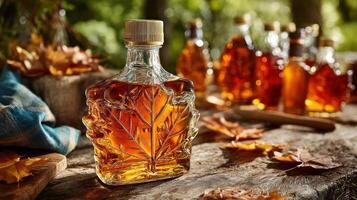 Maple whiskey bottle with autumn leaves and rustic background. photo