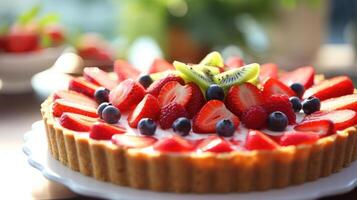 Delicious fruit tart with strawberries, blueberries, and kiwi. photo