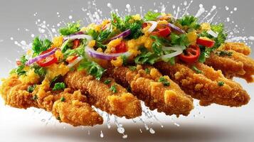 Crispy fried chicken with fresh herbs and red onions. photo