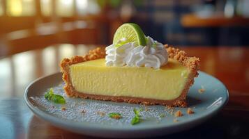 Delicious key lime pie slice with whipped cream. photo