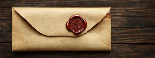 Vintage letter with red wax seal on wooden background. photo