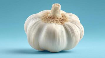 A single garlic bulb against a blue background. photo