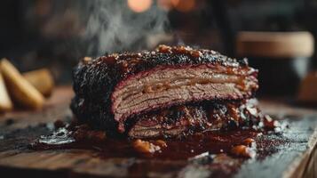 Smoked brisket, juicy and flavorful, on a wooden board. photo